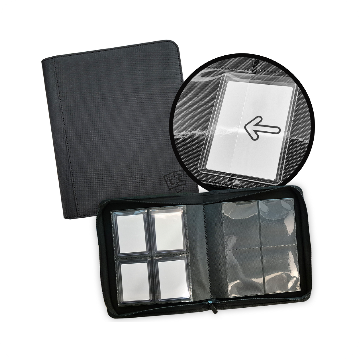 TCG Guru 4er Toploader Zipper Pocket Binder Xenon Schwarz Sammelkarten Album